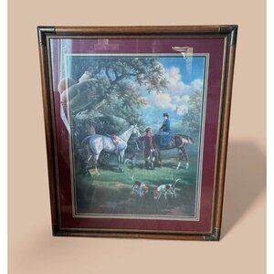 Framed Print Fox Hunters Vtg Art Equestrian  Judith Gibson Brass Accents 39x32